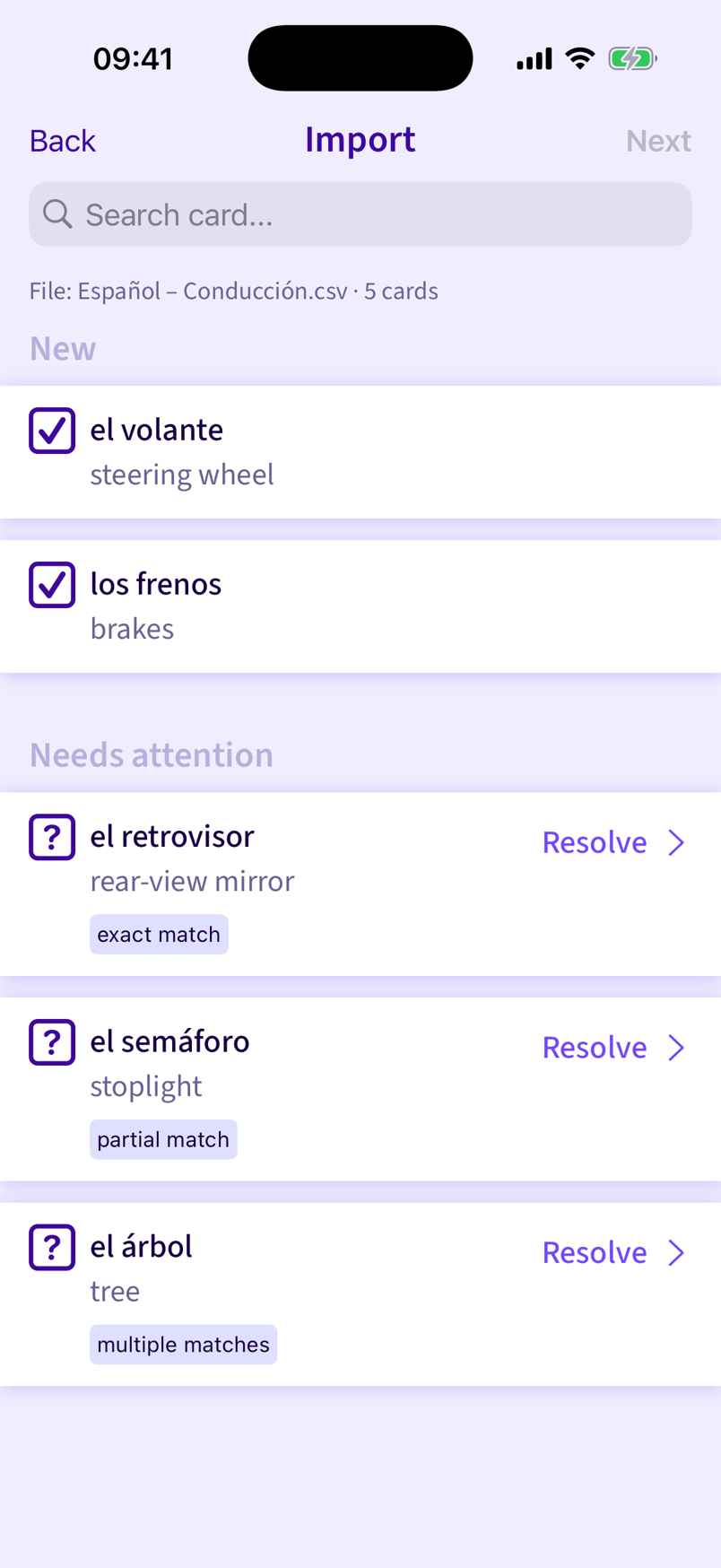 Remembrall import screen in the Lavender theme